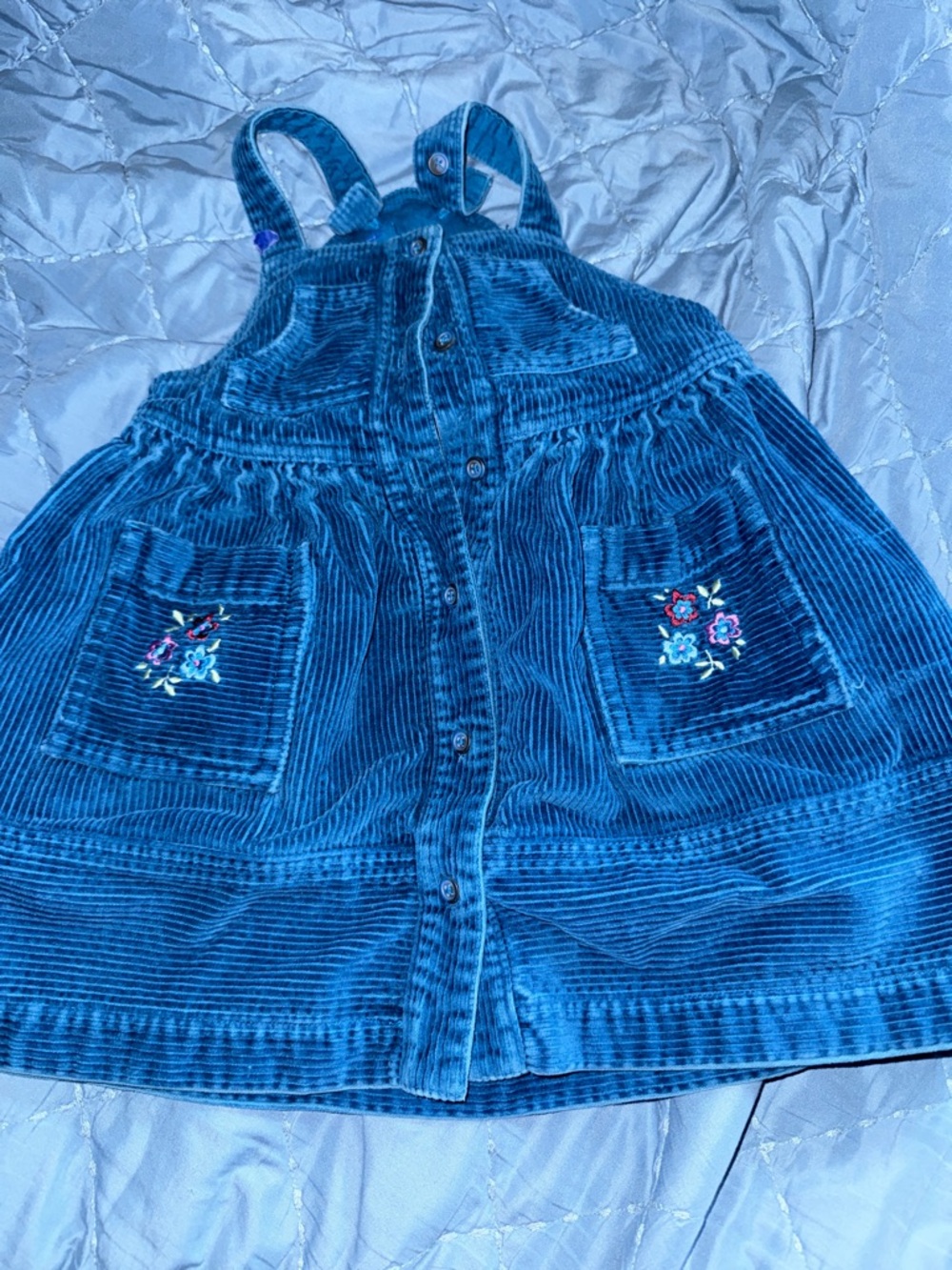 Vintage Gymboree Teal Blue Corduroy Embroidered Pocket Overalls Dress